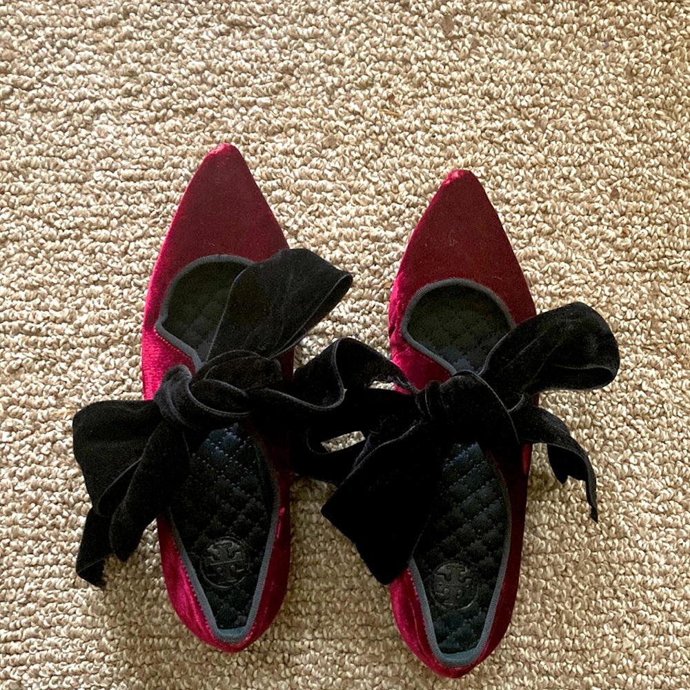 Tory Burch Maroon Velvet Bow Flats with Leather Sole